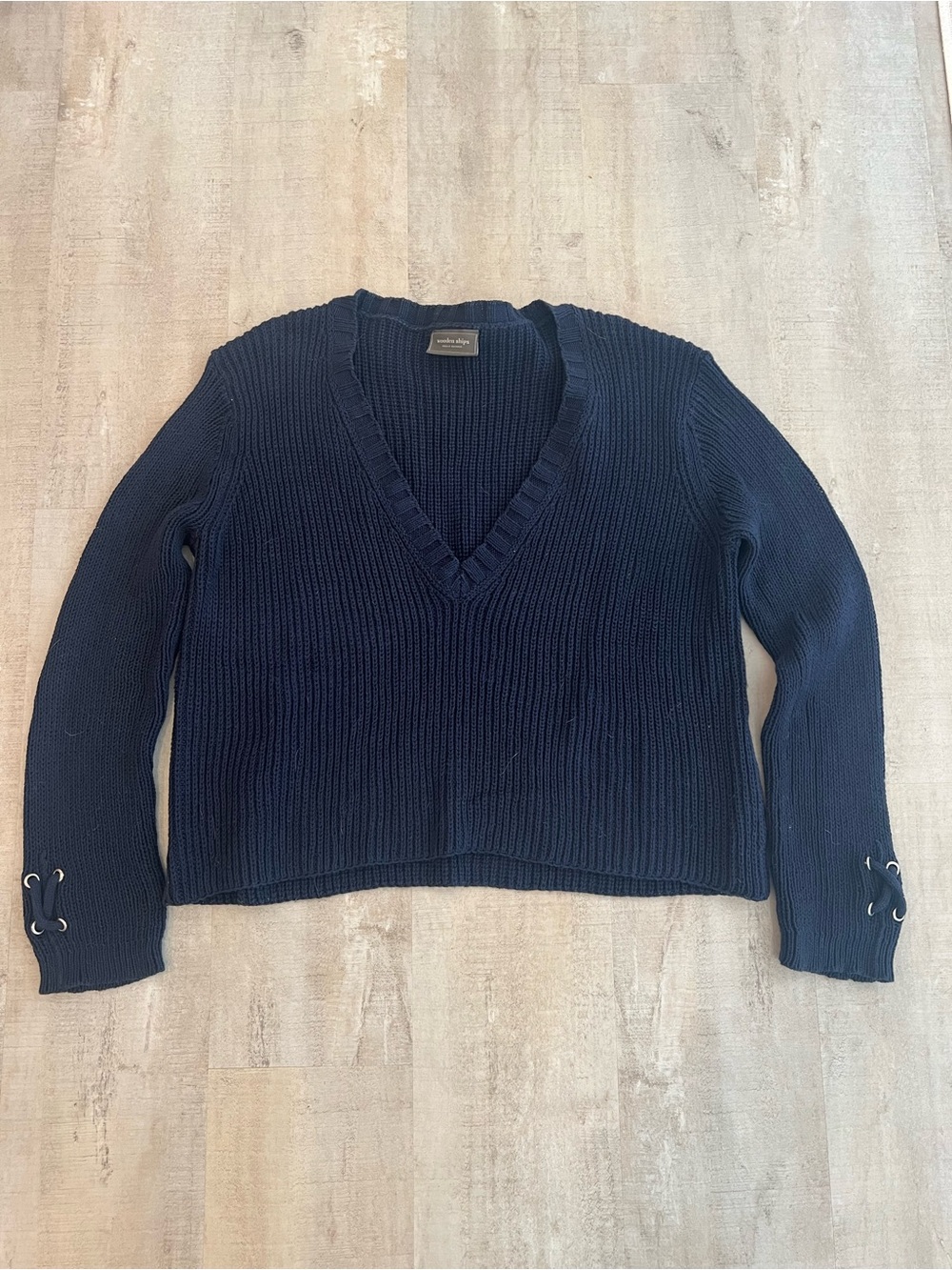Wooden Ships Navy V-Neck Ribbed Sweater with Lace-Up Cuffs